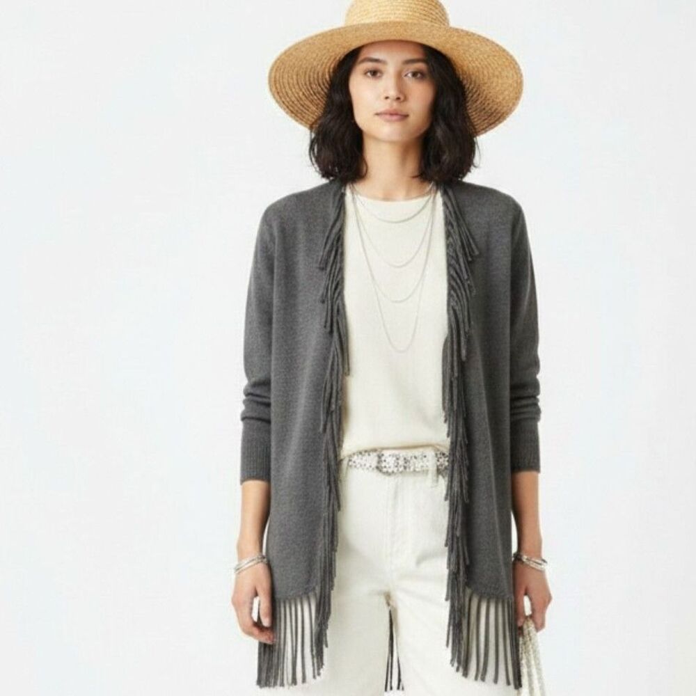 Yoana Baraschi Anthropologie Gray Fringe Open Knit Long Sleeve Sweater L